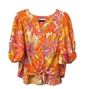 Rose & Olive Vibrant Floral Blouse - Orange, Pink, Yellow Size M